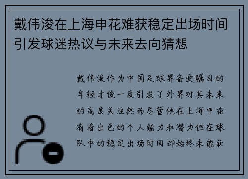 戴伟浚在上海申花难获稳定出场时间引发球迷热议与未来去向猜想